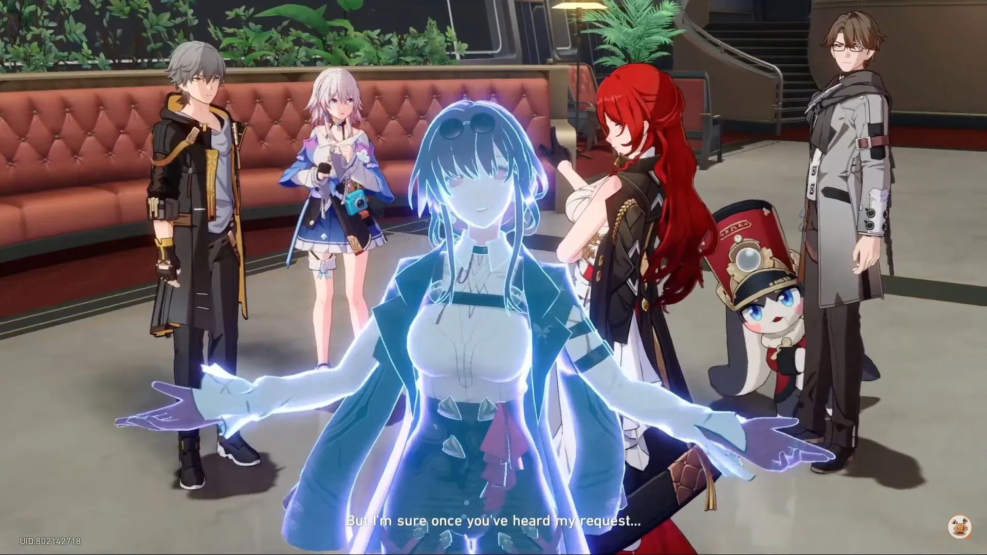 Astral Express crew interacting with the hologram of Kafka, a Stellaron Hunter (Image via HoYoverse)