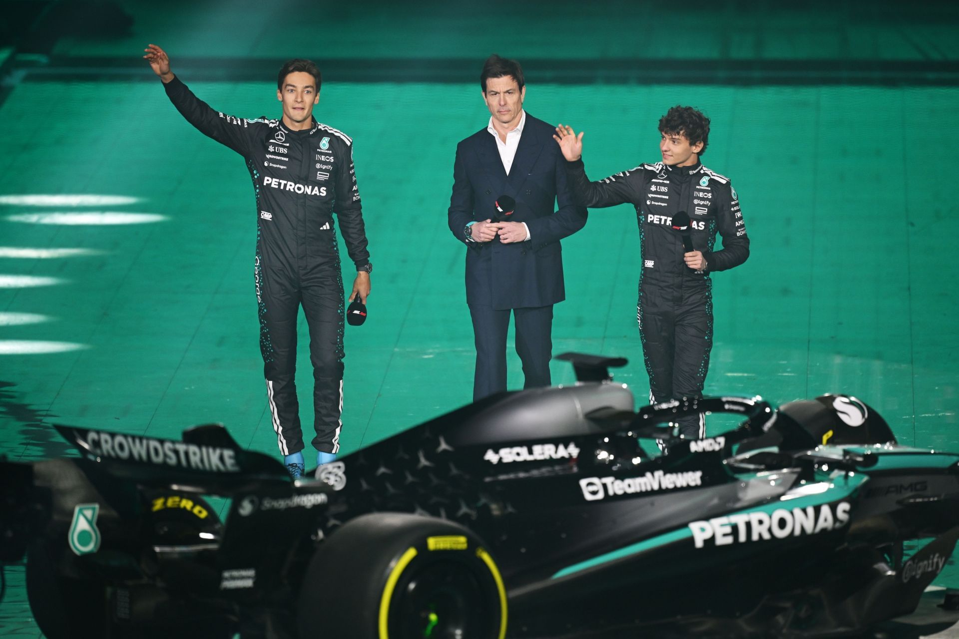 The Mercedes lineup during the F1 75 live show, 2025 (Getty Images)