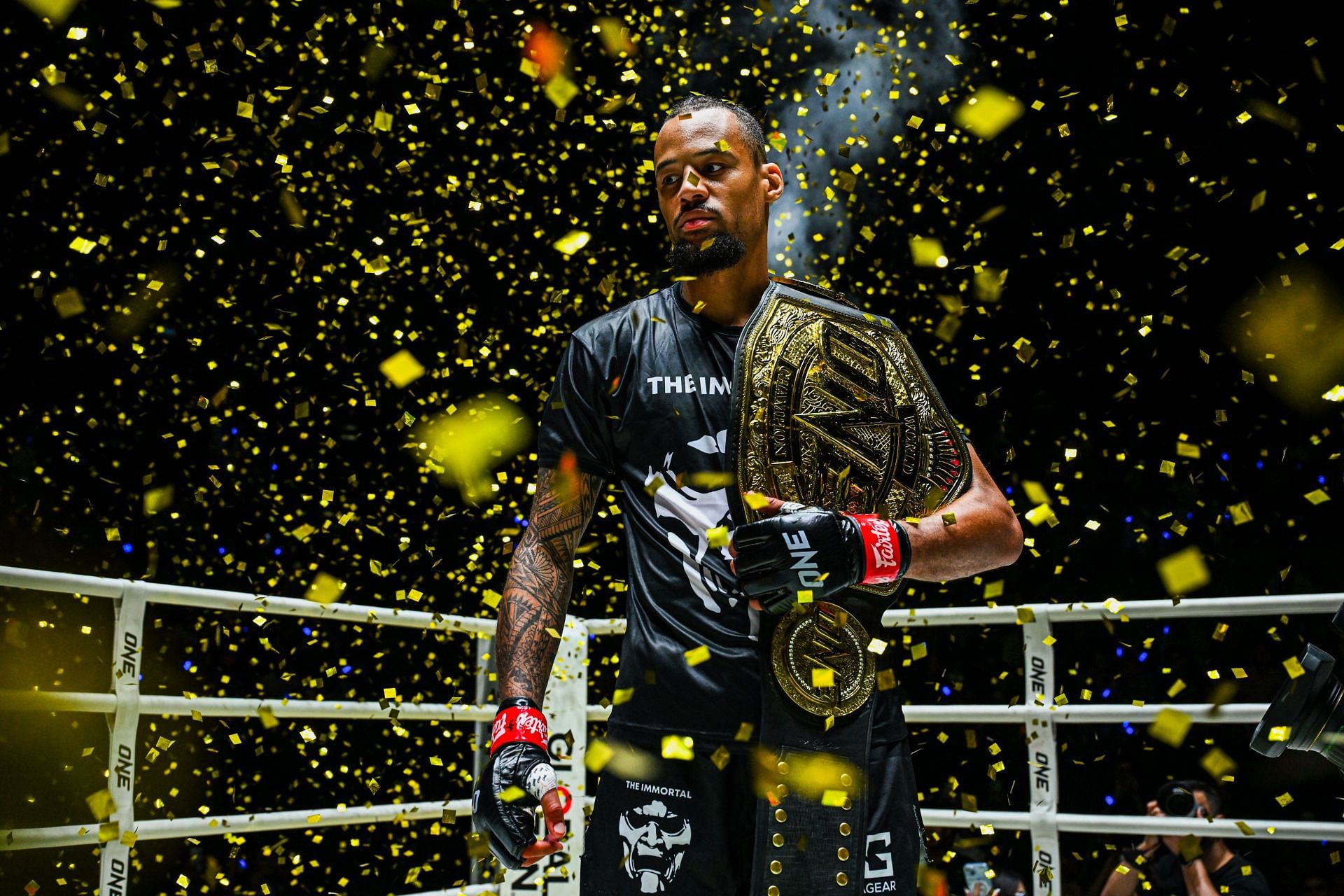 ONE lightweight Muay Thai world champion Regian Eersel (pictured) walks out of the Lumpinee Stadium with another statement finish. [Image courtesy from ONE Championship]