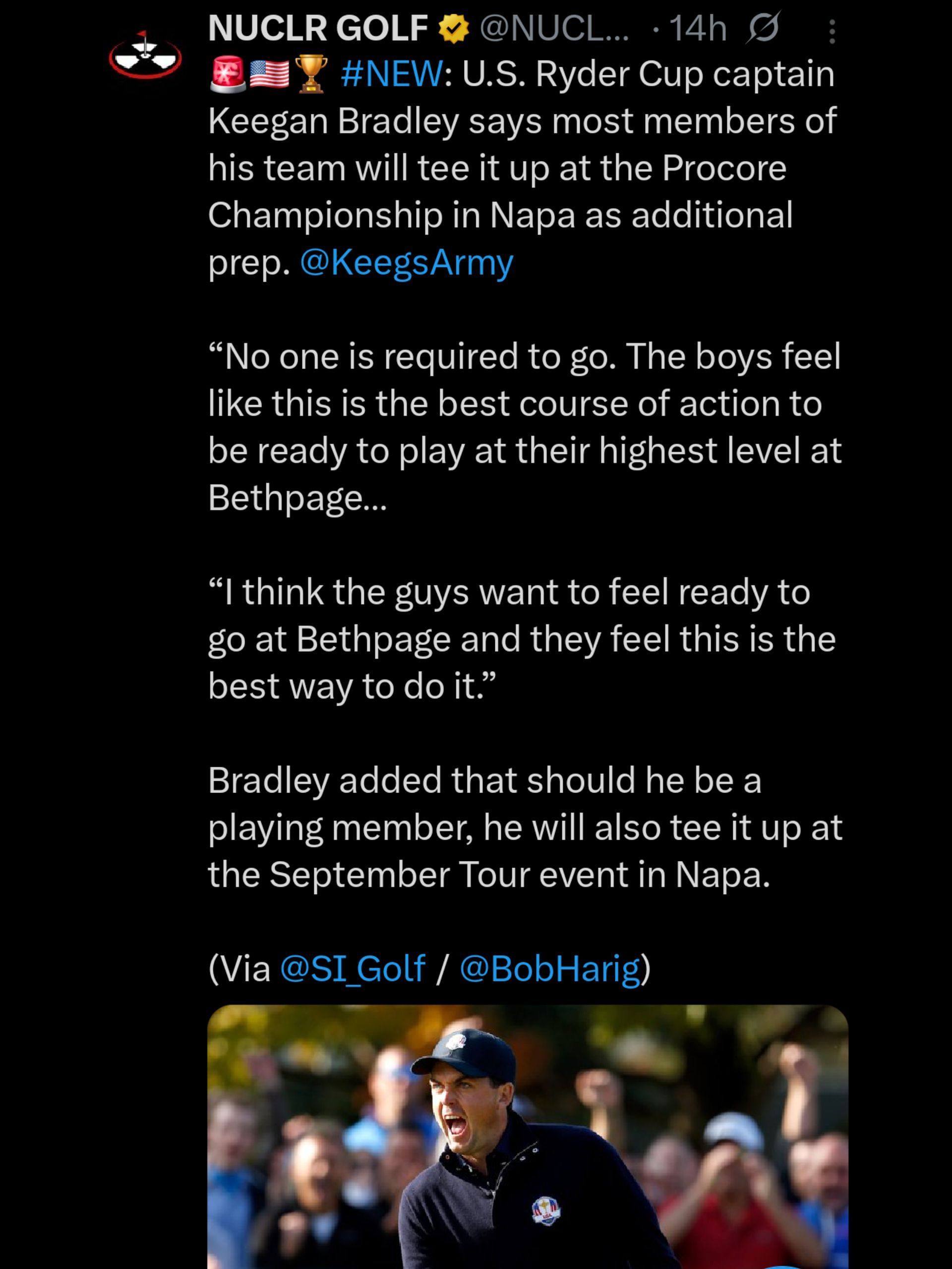 Screenshot from NUCLR GOLF post on X about Bradley / @NUCLRGOLF on X