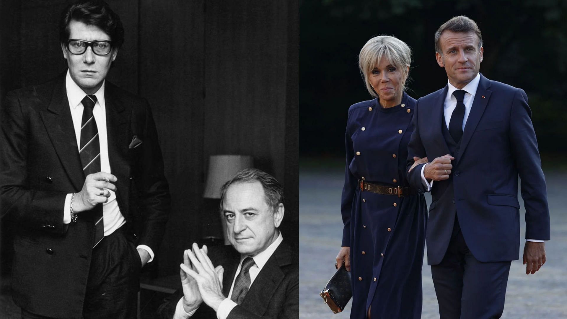 Yves Saint Laurent and Pierre Berg&eacute;, Emmanuel and Brigitte Macron (Image via X/@YSL and Getty)