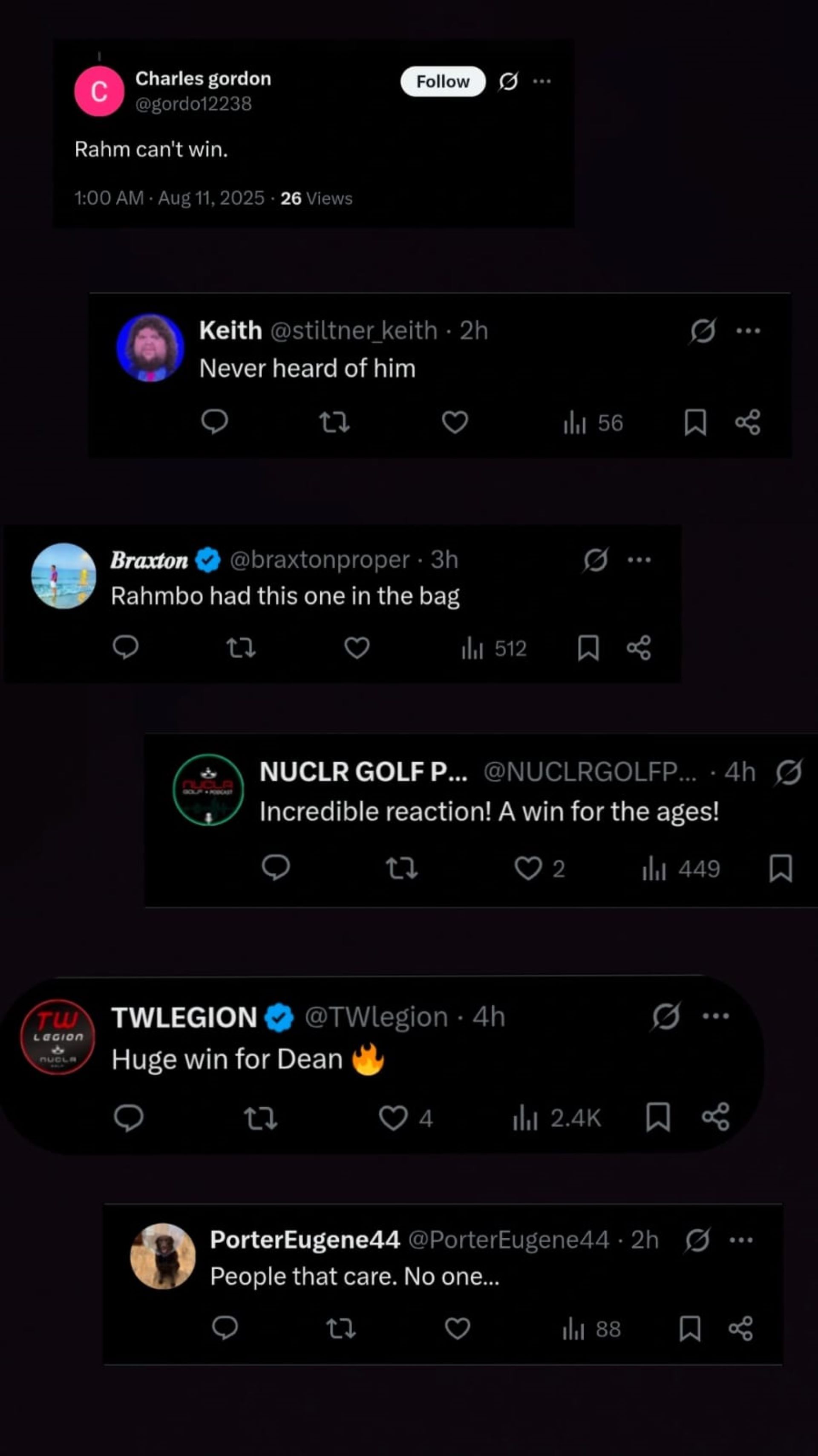 Screenshot of fan reactions on NUCLR Golf post on X
