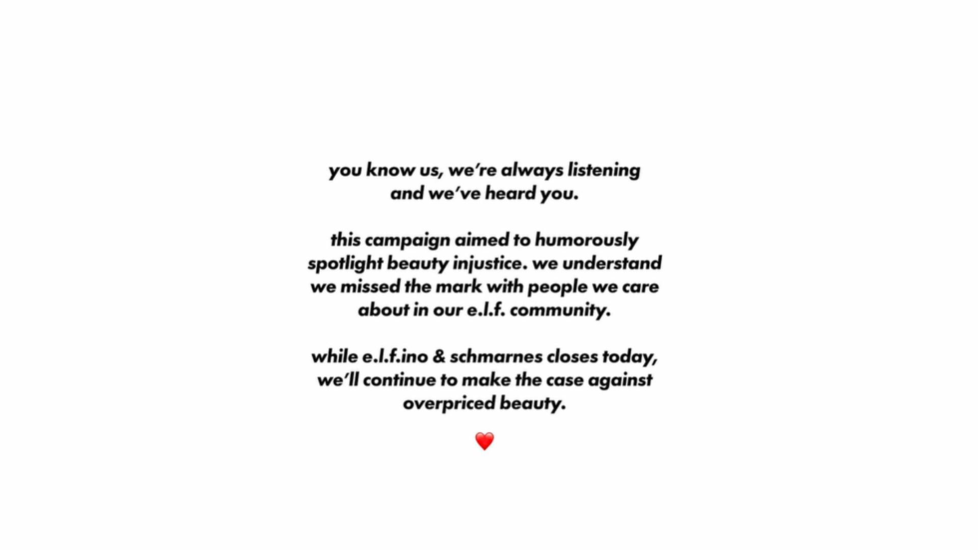 The apology shared by e.l.f cosmetics on August 14, 2025 (Image via Instagram/ @elfcosmetics)