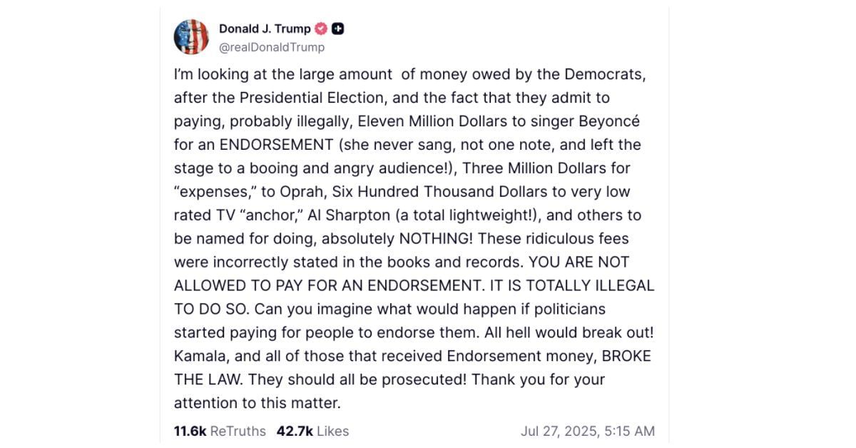 Screenshot of Donald Trump&#039;s Truth Social post about Bey&#039;s illegal payments (Image via Truth Social/@realDonaldTrump)