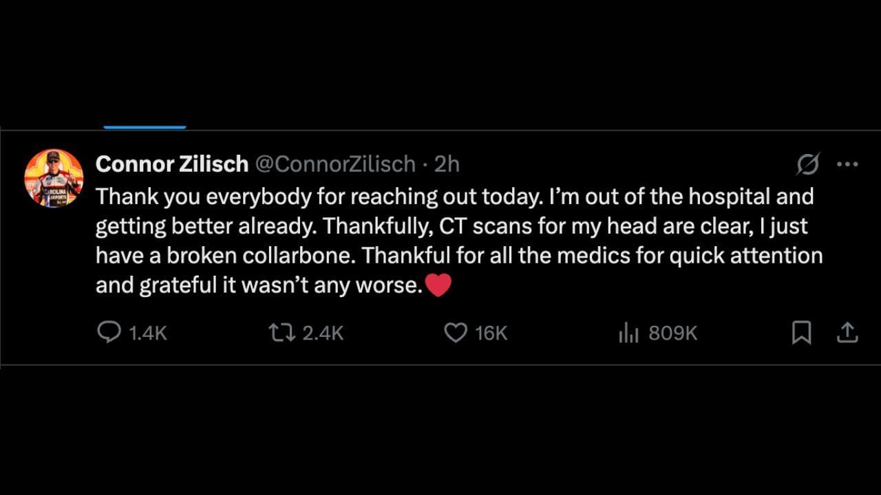 Connor Zilisch&#039;s X post on his Watkins Glen injury
