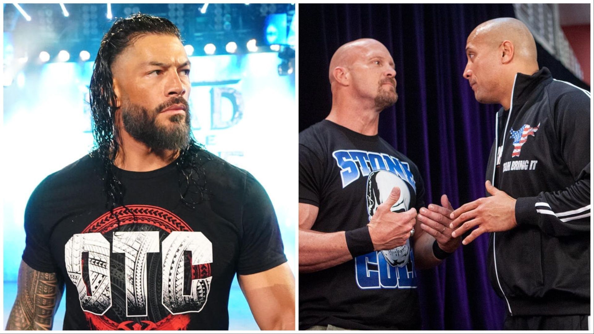 Roman Reigns, Stone Cold Steve Austin and The Rock. (Photos: WWE.com and WWE India on X)
