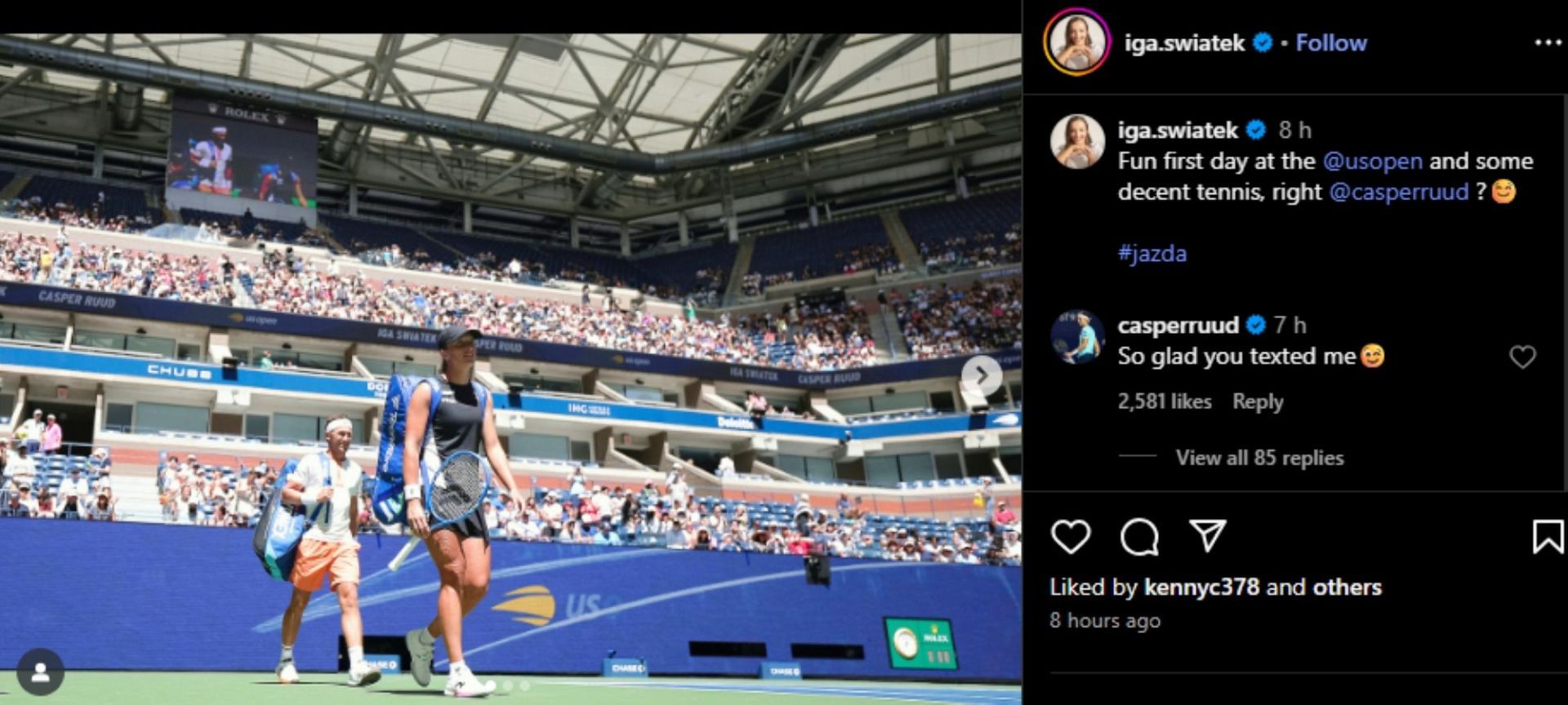 Casper Ruud comments on Iga&#039;s post; Instagram - @iga_swiatek