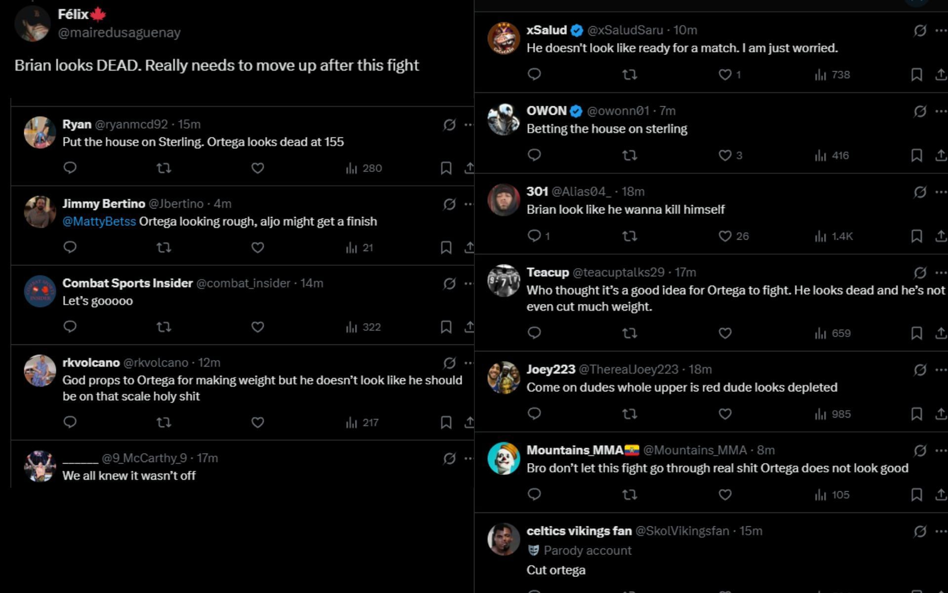 Fans react to Brian Ortega&#039;s fight against Aljamain Sterling moving to catchweight. [Screenshots courtesy: @UFC_Asia and @SpinninBackfist on X]