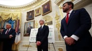 Tim Cook, U.S. Vice President JD Vance, U.S. President Donald Trump, during an event in the Oval Office of the White House (Image via Getty)