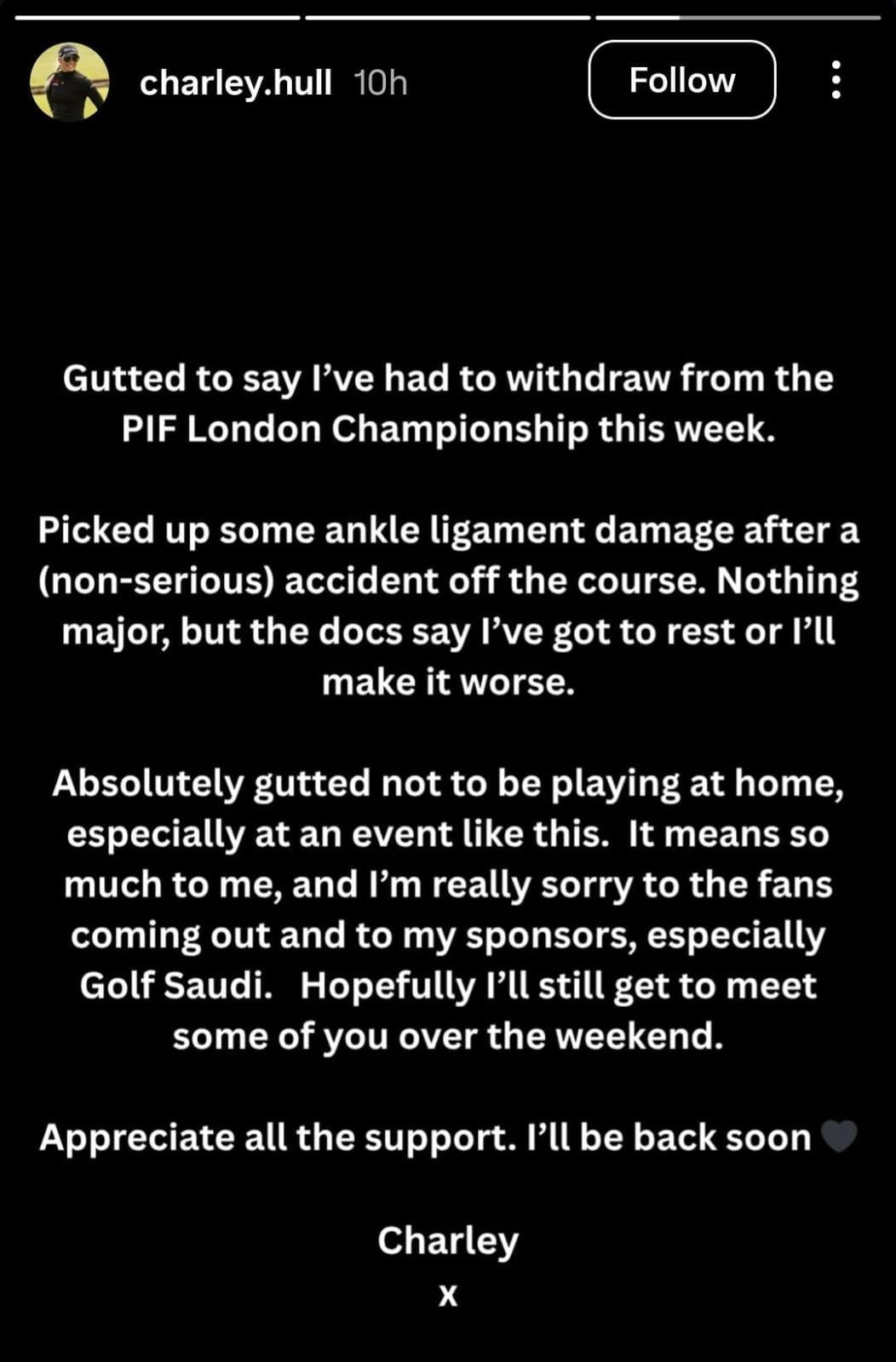Charley Hull&#039;s withdrawal IG story (via Instagram/@charley.hull)