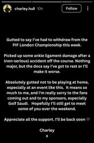 Charley Hull's withdrawal IG story (via Instagram/@charley.hull)