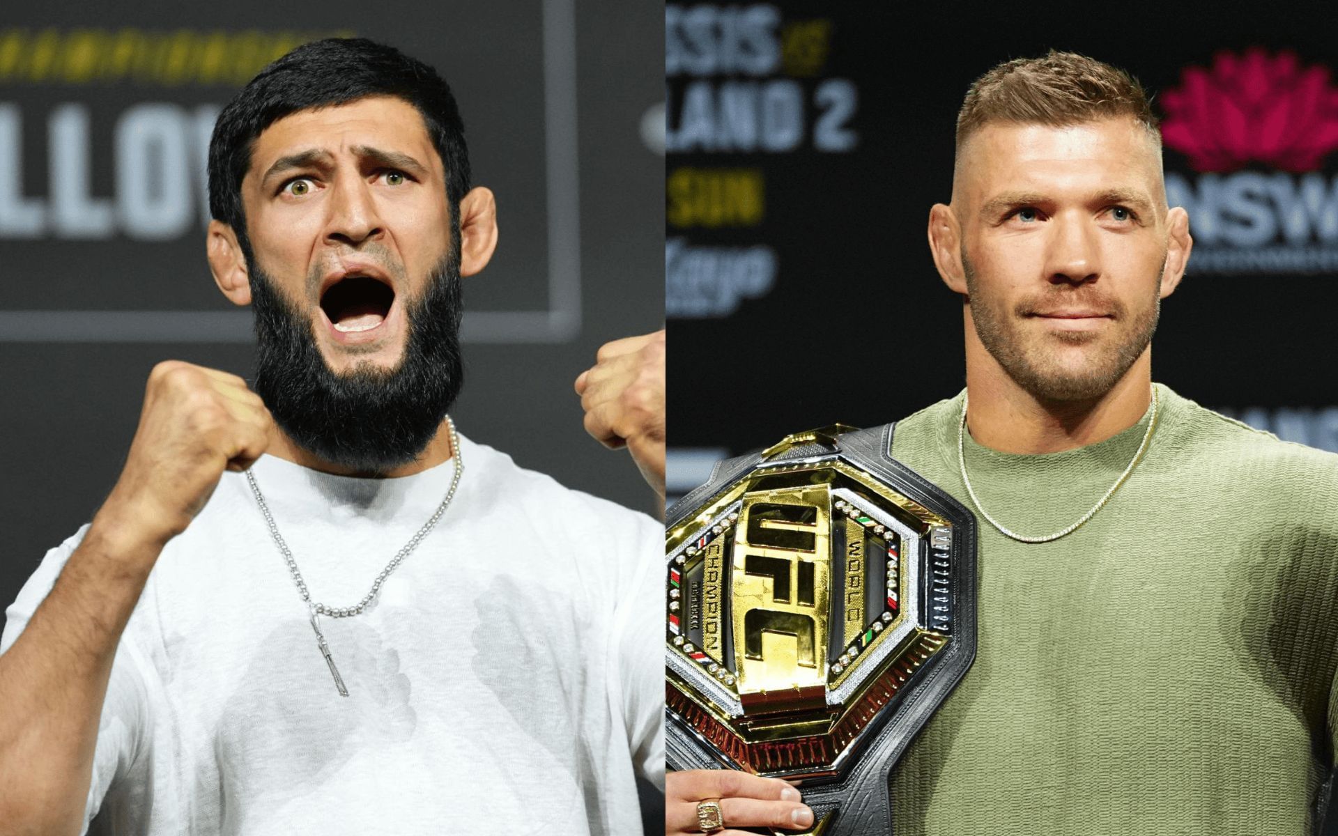 Khamzat Chimaev (left) fires shots at Dricus du Plessis (right). [Images courtesy: Getty]