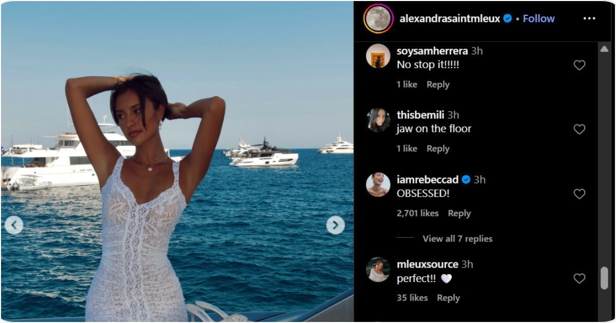 Screen grab of Carlos Sainz&#039;s girlfriend Rebecca Donaldson&#039;s comment on Charles Leclerc&#039;s partner&#039;s Alexandra Saint Mleux post via @alexandrasaintmleux, Instagram