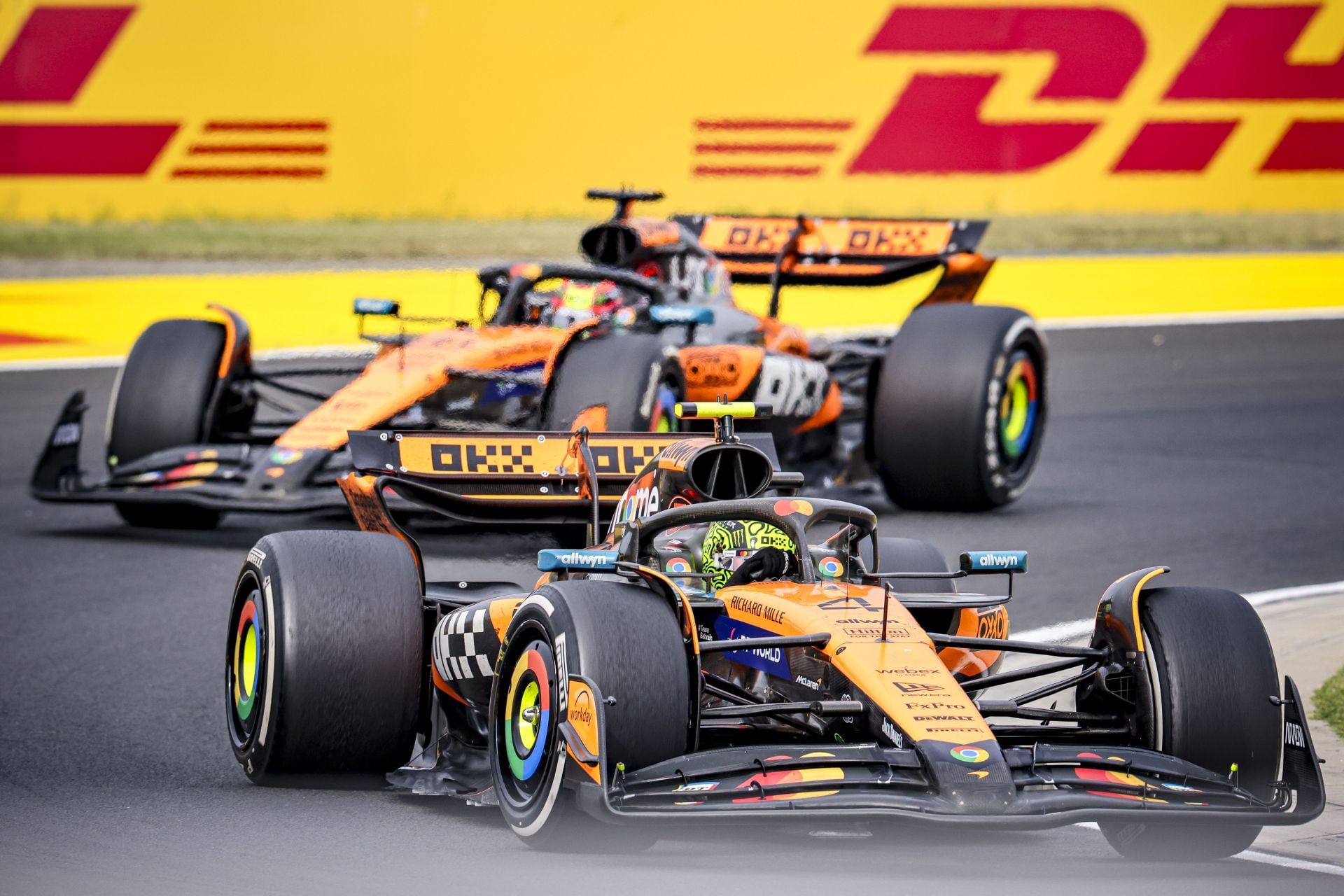 Lando Norris leading ahead of his teammate, Oscar Piastri at the F1 Grand Prix Of Hungary - Source: Getty