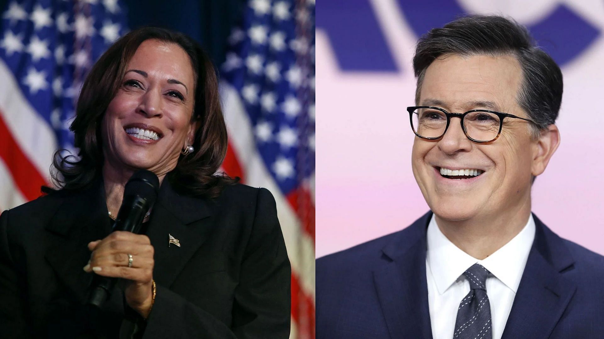 Kamala Harris and Stephen Colbert (Image via Getty)