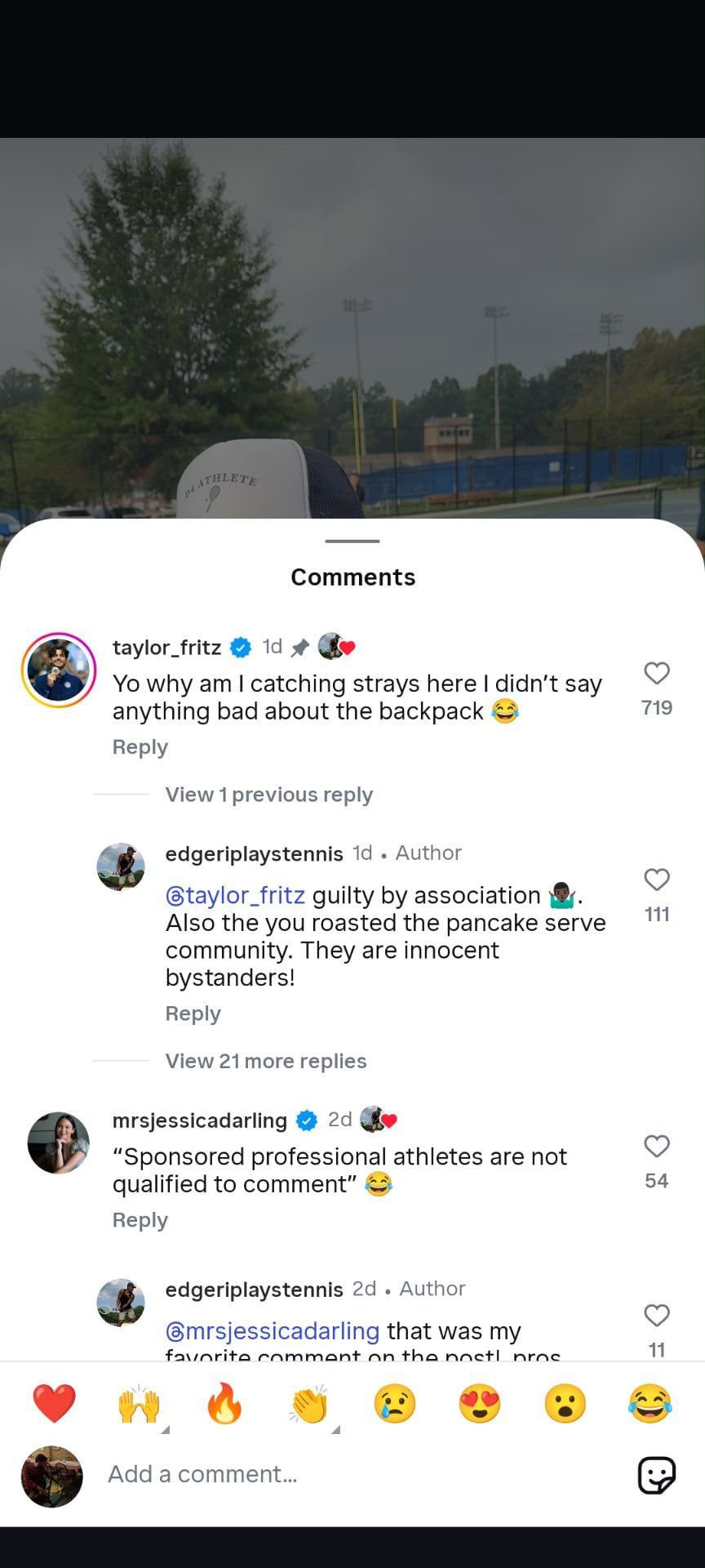 Fritz's comment on the rant uploaded by 'edgeriplaystennis' on Instagram (Source: Instagram/edgeriplaystennis)