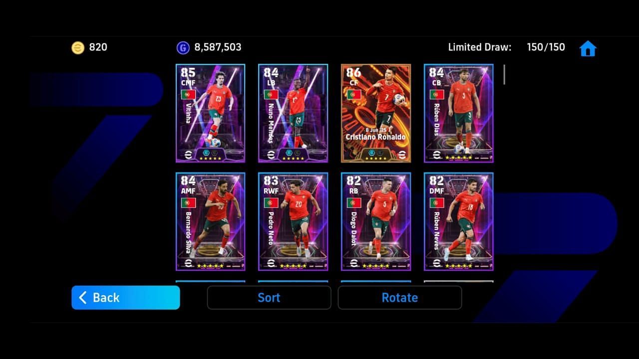 Show Time Vitinha and Nuno Mendes and Big Time Cristiano Ronaldo cards in eFootball 2025 Big Time and Show Time Portugal Pack (Image via Konami)