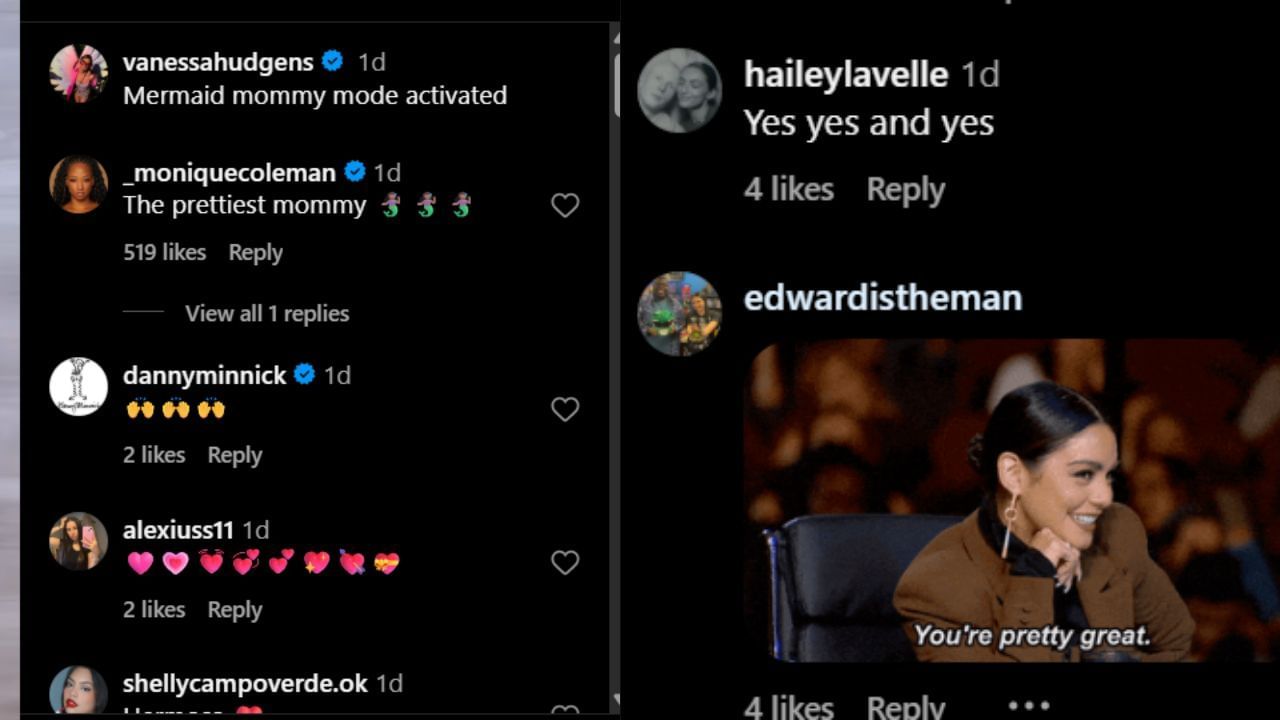 Comments section from Vanessa Hudgens&#039; Instagram post via @vanessahudgens