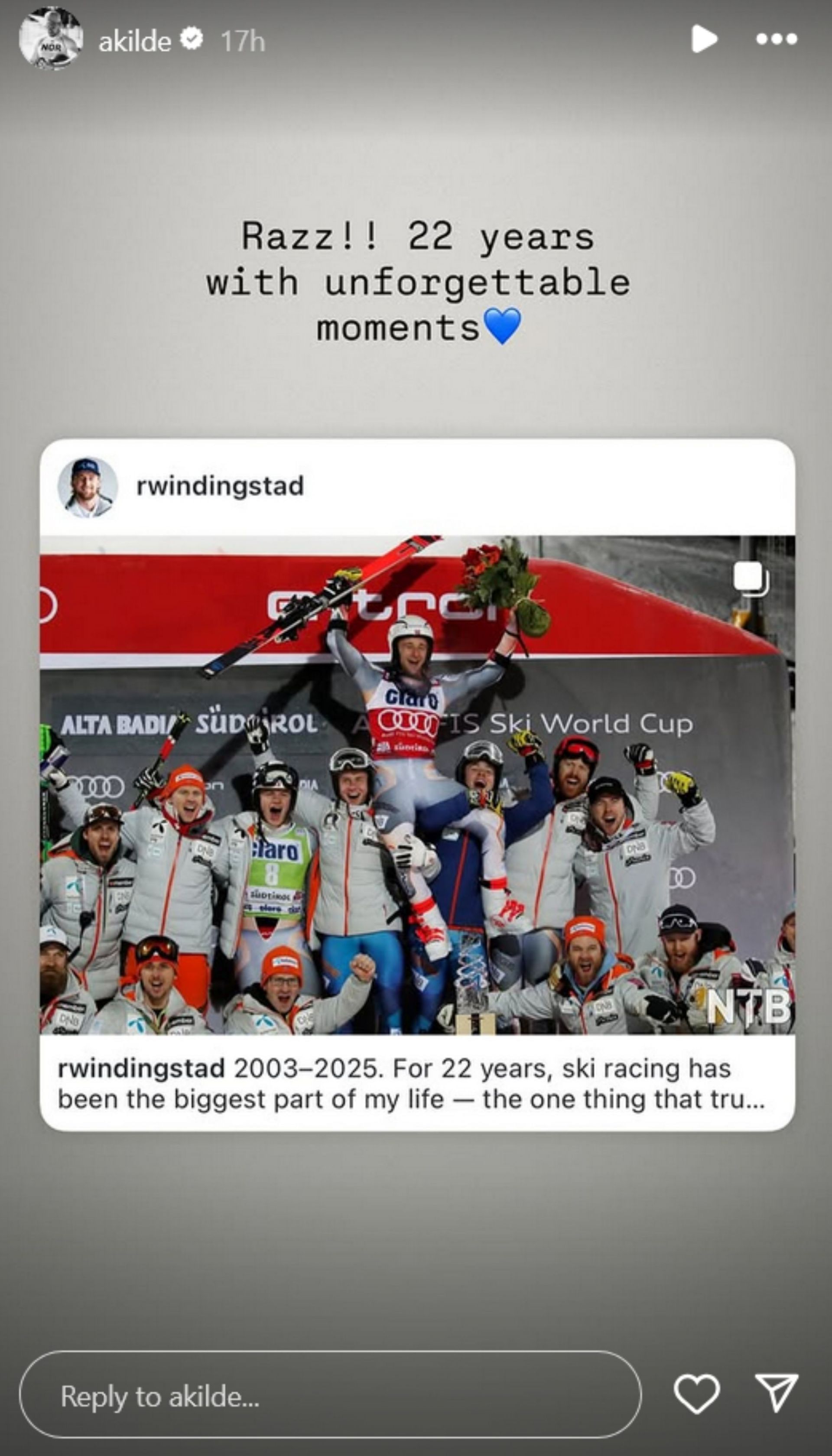 Screenshot of Mikaela Shiffrin&rsquo;s fiance&rsquo;s instagram story. Credits/ akilde