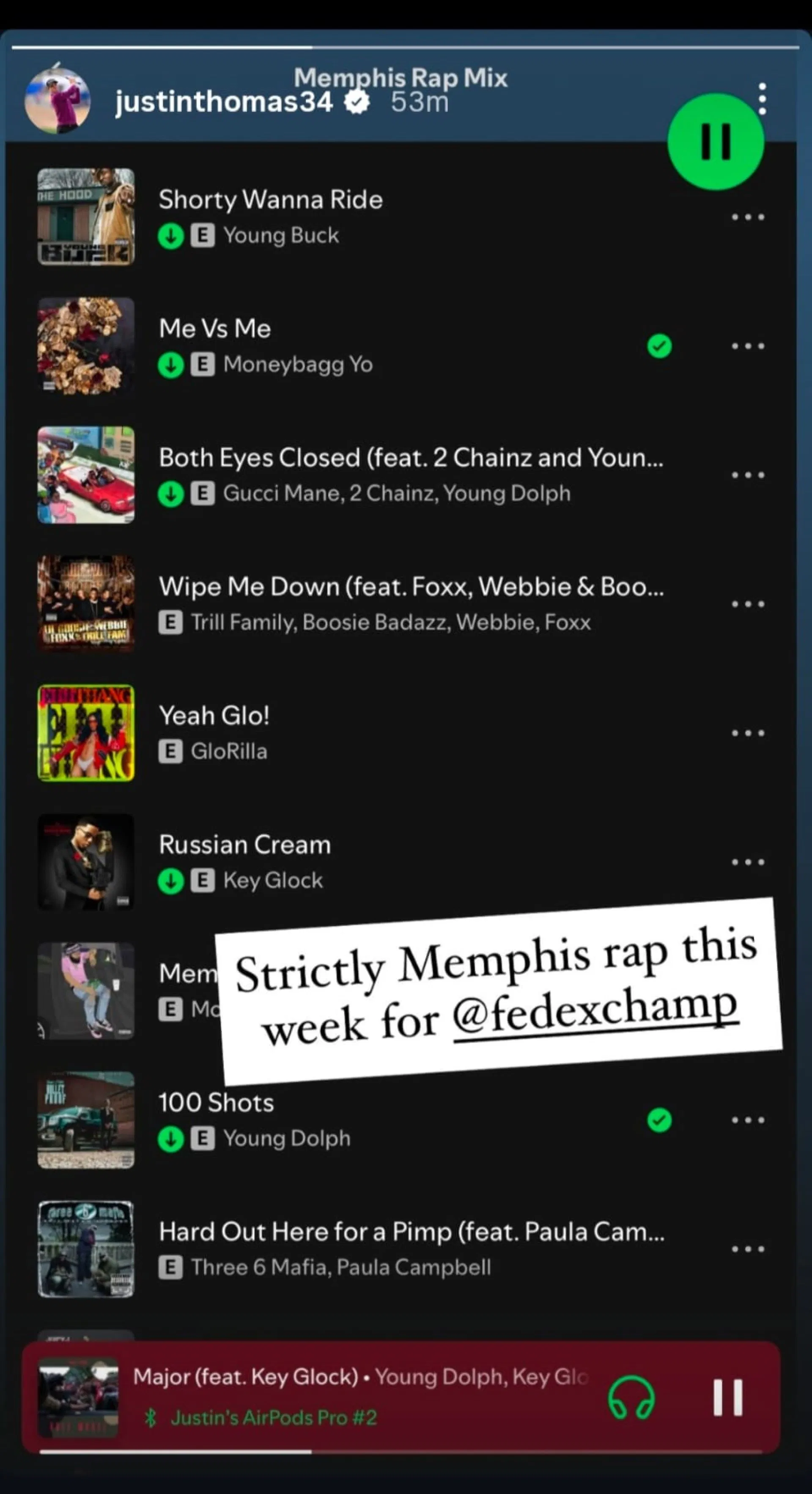 Screenshot of Justin Thomas's Instagram Story when he participates in his refrigerator rap playlist ahead of FedEx St. Jood Championship (through @sette Hathomas 34).