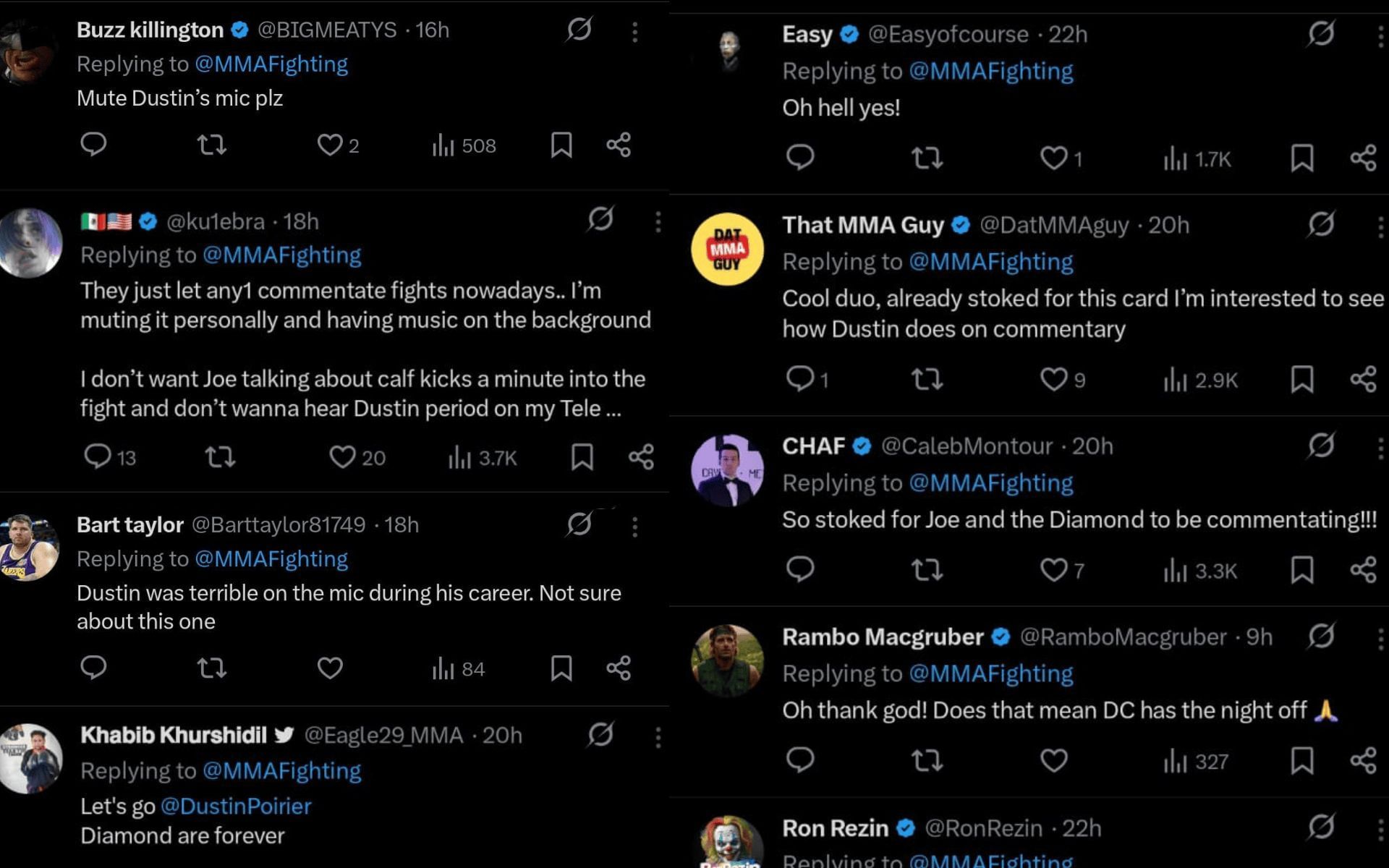 Fans&#039; reaction to Dustin Poirier joining the UFC 319 broadcast team. [Screenshots courtesy: @MMAFighting on X]