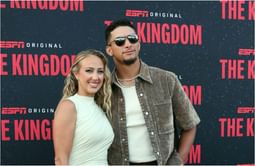 Patrick Mahomes reacts to wife, Brittany, dazzling in white gown on red carpet at ESPN's "The Kingdom" premiere