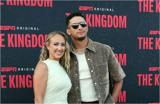 Patrick Mahomes reacts to wife, Brittany, dazzling in white gown on red carpet at ESPN's "The Kingdom" premiere