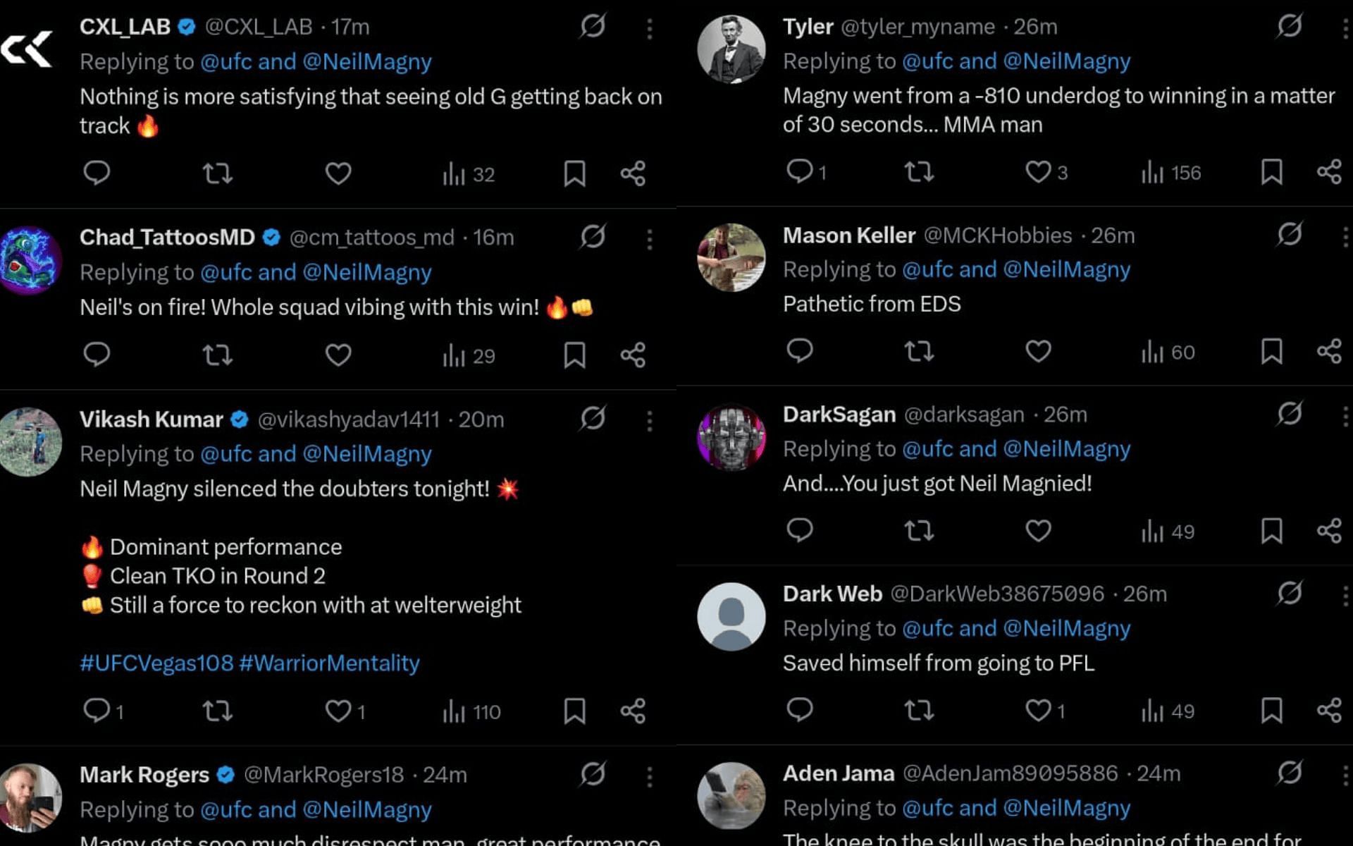 Fans&#039; reaction to Neil Magny&#039;s win over Elizeu Zaleski dos Santos at UFC Vegas 108. [Screenshots courtesy: @ufc on X]