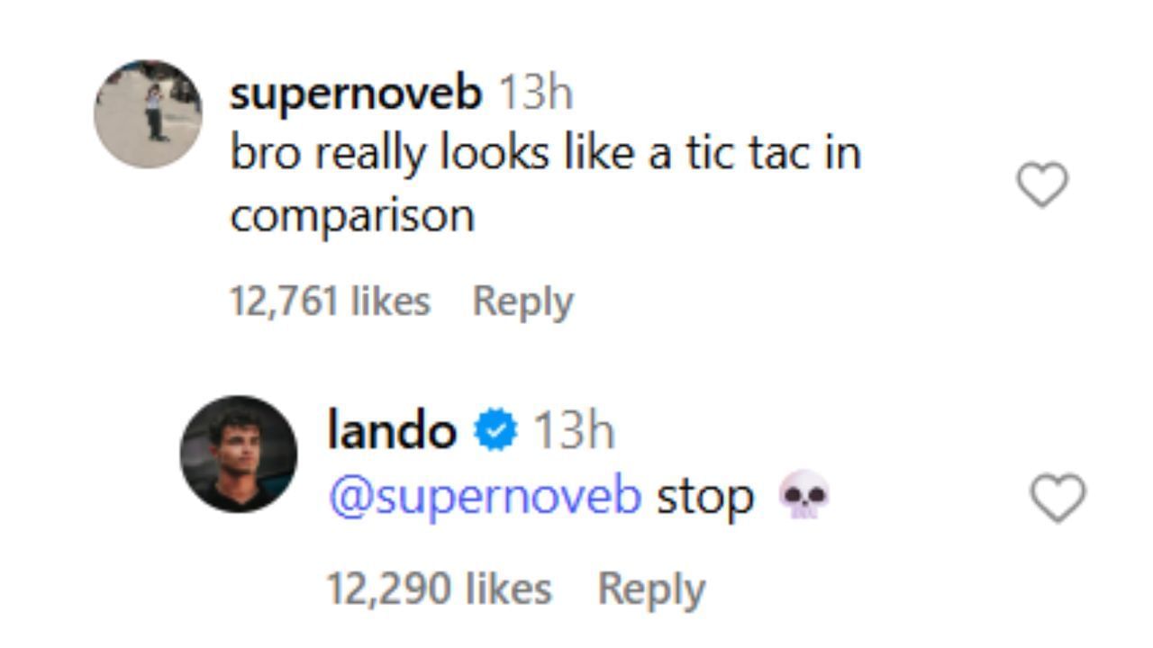 snapshot of Lando Norris&#039;s reply credits Instagram...credits-Instagram