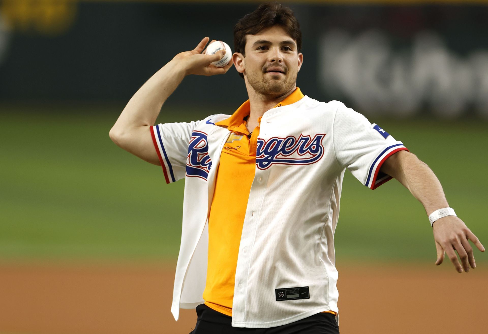 Arrow McLaren&#039;s Pato O&#039;Ward throwing the ceremonial first pitch at the New York Yankees v Texas Rangers - Source: Getty