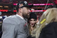 Travis Kelce and Taylor Swift at the AFC Championship Game between the Buffalo Bills and the Kansas City Chiefs (Image via Getty)
