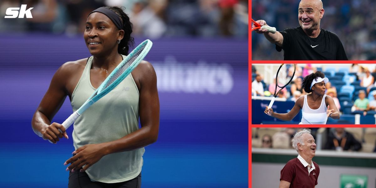 Left: Coco Gauff; Insets (Top to bottom): Andre Agassi, Venus Williams and John McEnroe. (Images by Getty)