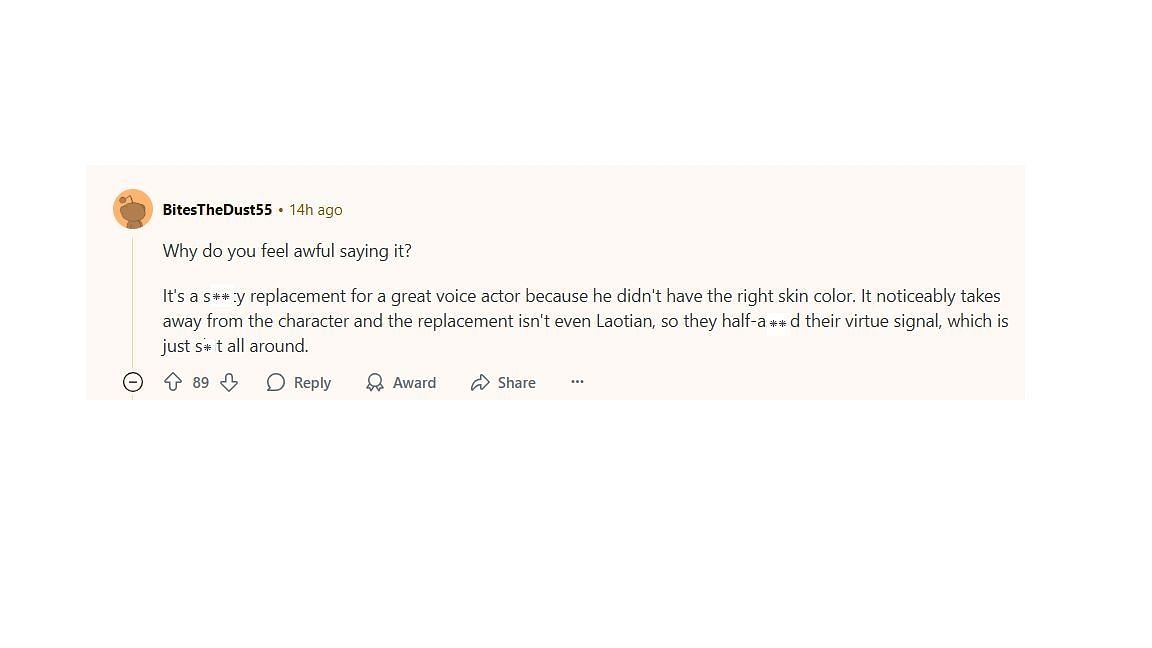 A screenshot of the Reddit comment (Image via Reddit/@BitesTheDust55)