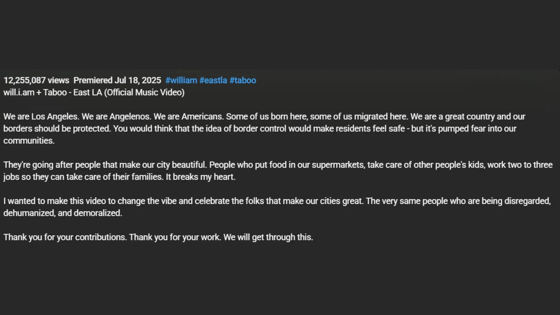 The statement released with the music video for East LA on YouTube (Image via YouTube)