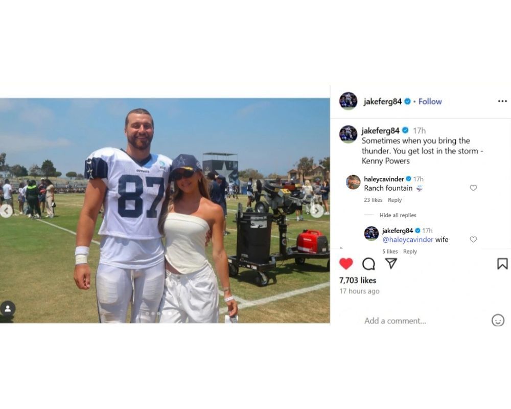 Jake Ferguson&#039;s fianc&eacute;e Haley Cavinder sends 2-word message as Cowboys TE shares top highlights from 2025 NFL preseason action [IG/@jakeferg84]