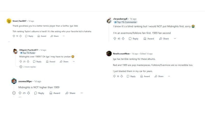 Screenshot of r/tennis&#039; Reddit post featuring fans&#039; comments | Source: Reddit/r/tennis