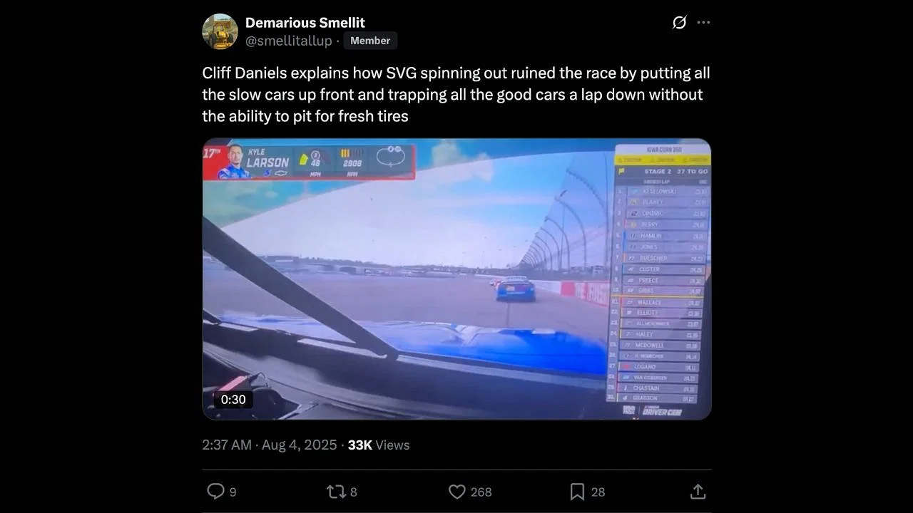 Kyle Larson&#039;s team radio after Shane Van Gisbergen&#039;s late-race spin. Source: X/smellitallup