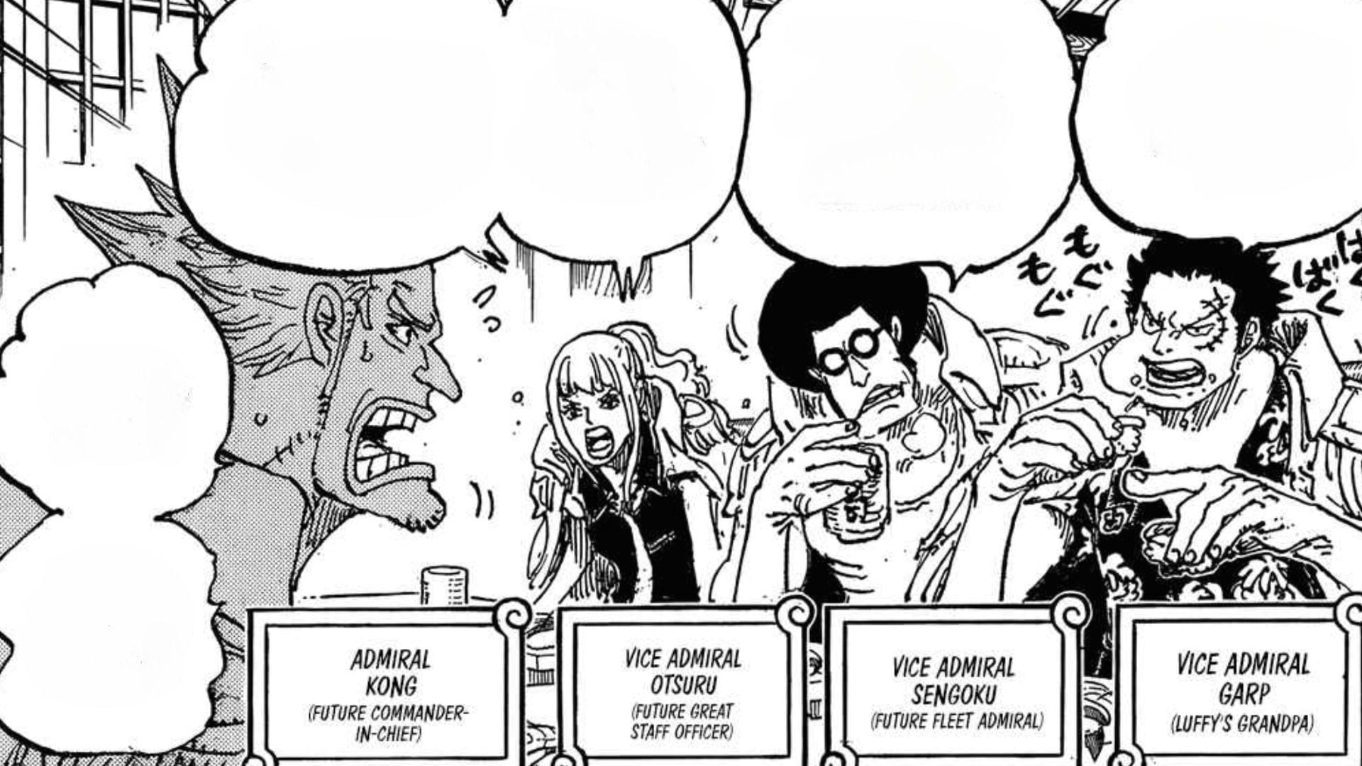 Admiral Kong&#039;s interaction with others in One Piece chapter 1157 (Image via Shueisha)
