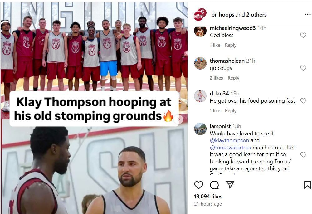 Fans react to Klay Thompson&#039;s visit to Washington State on IG. Image via @br_hoops