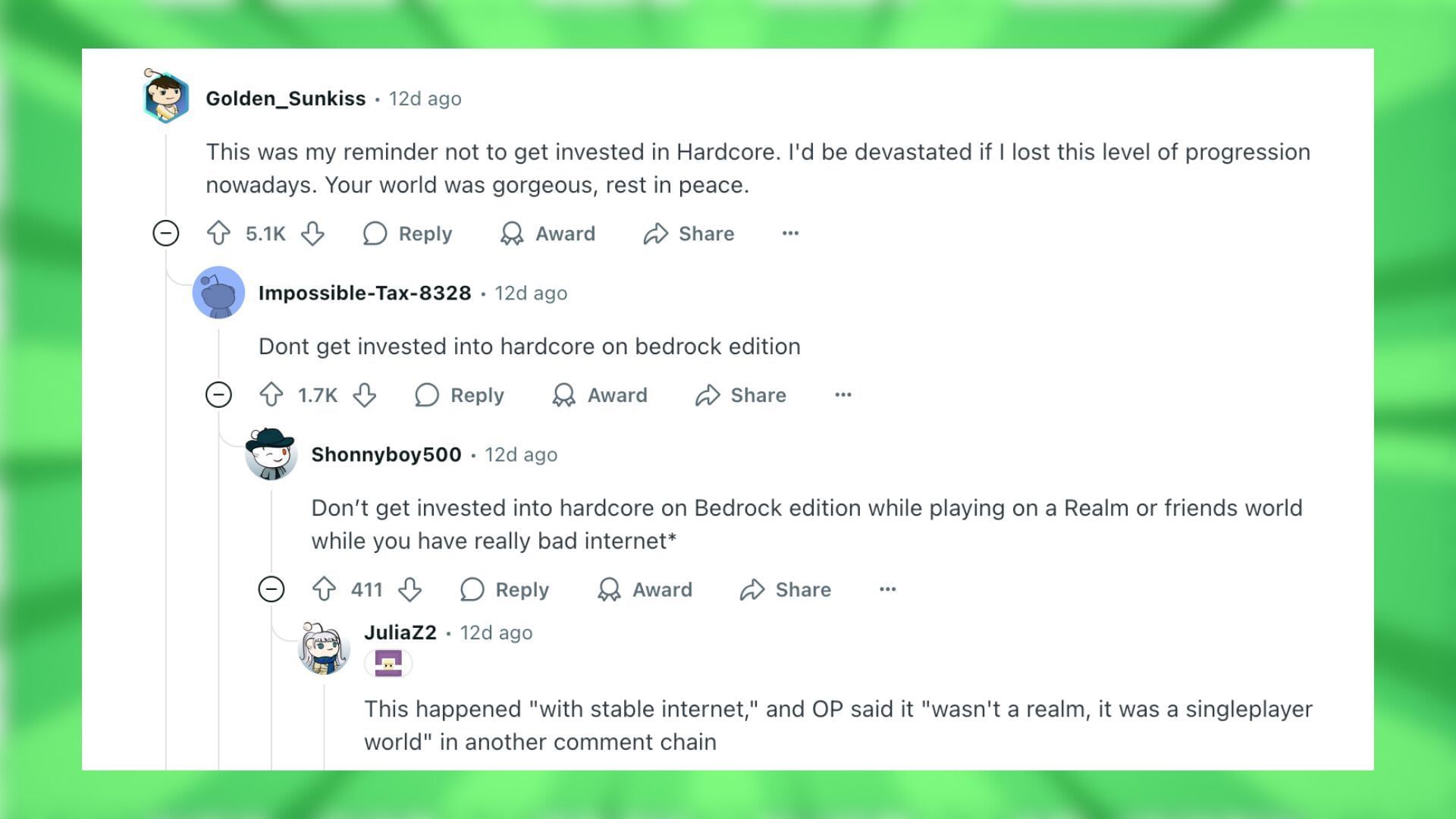 Redditors discuss the bug that led to the OP losing their world (Image via Reddit)