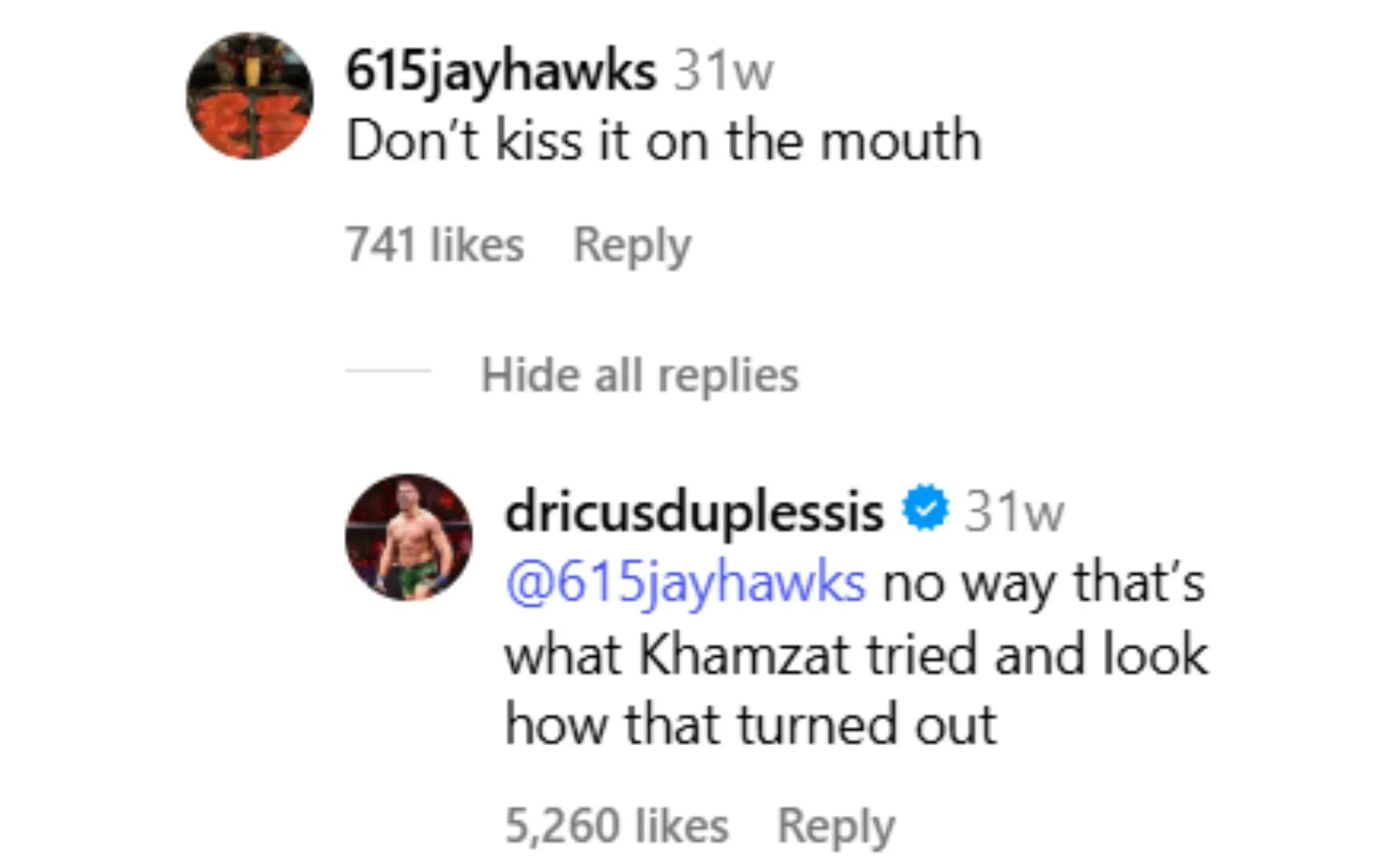 Dricus du Plessis&#039; comment [Screenshot courtesy: @dricusduplessis on Instagram]