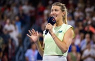 Eugenie Bouchard looks on during her retirement ceremony in Montreal | Image Source: Getty
