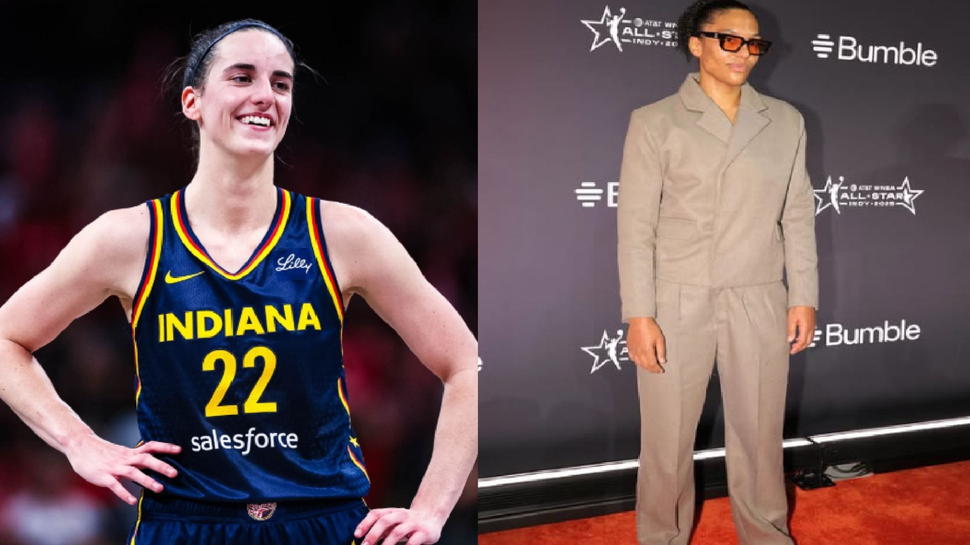 An image of Caitlin Clark and Alyssa Thomas side by side
