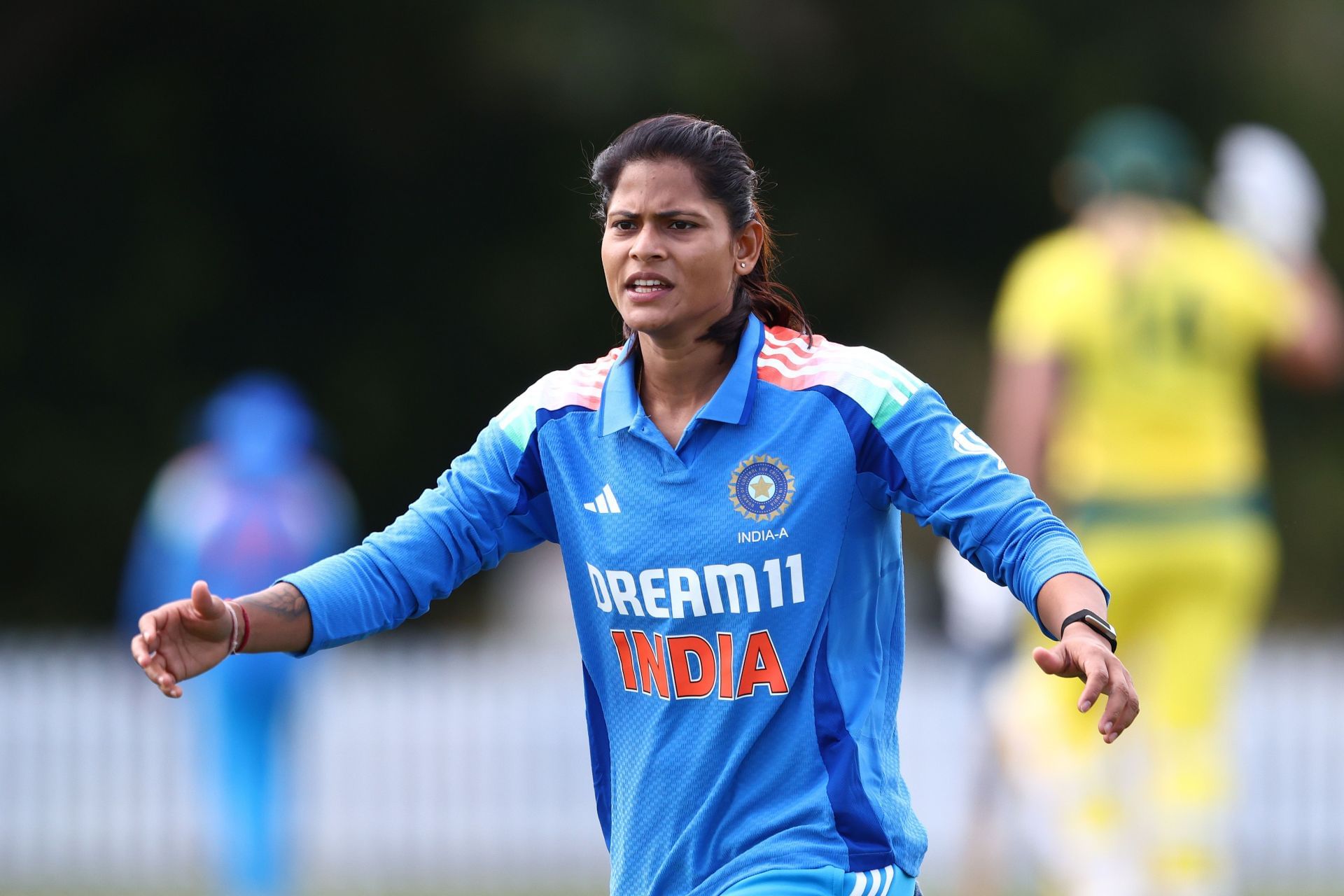 Radha Yadav of India A reacts during game one of the Women&#039;s ODI series between Australia A and India A at Northern Suburbs District Cricket Club on August 13, 2025 in Brisbane, Australia. (Photo by Chris Hyde/Getty Images)