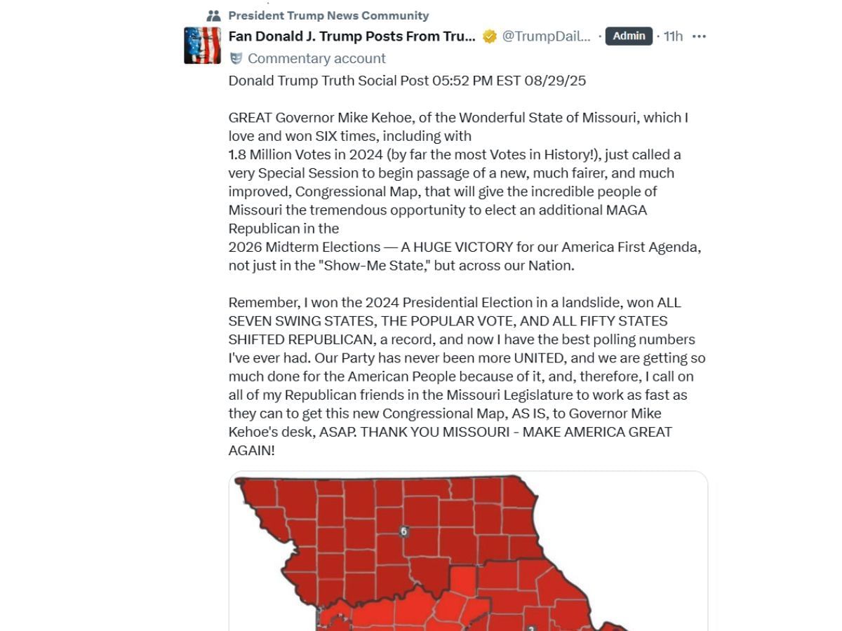 The POTUS Truth Social post on August 29, 2025 (Image via X/ @TrumpDailyPosts)
