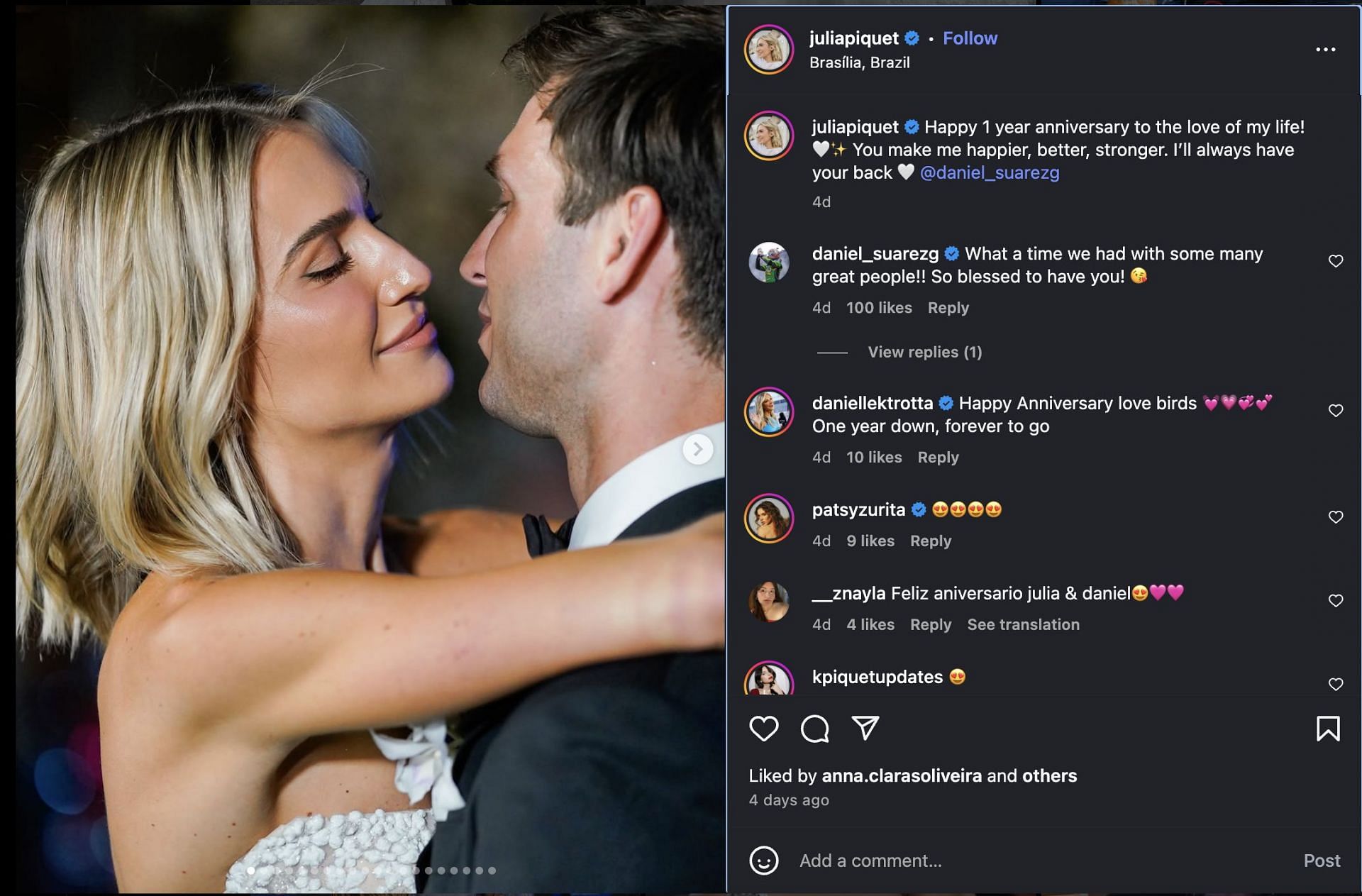 Daniel Suarez&#039;s wife Julia Piquet shares Instagram post with glimpses of their wedding. Source: @Instagram/juliapiquet