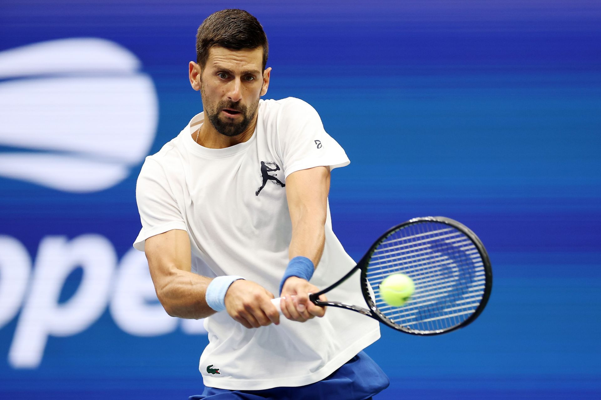 Novak Djokovic during a practice session at the 2025 US Open (Source: Getty)