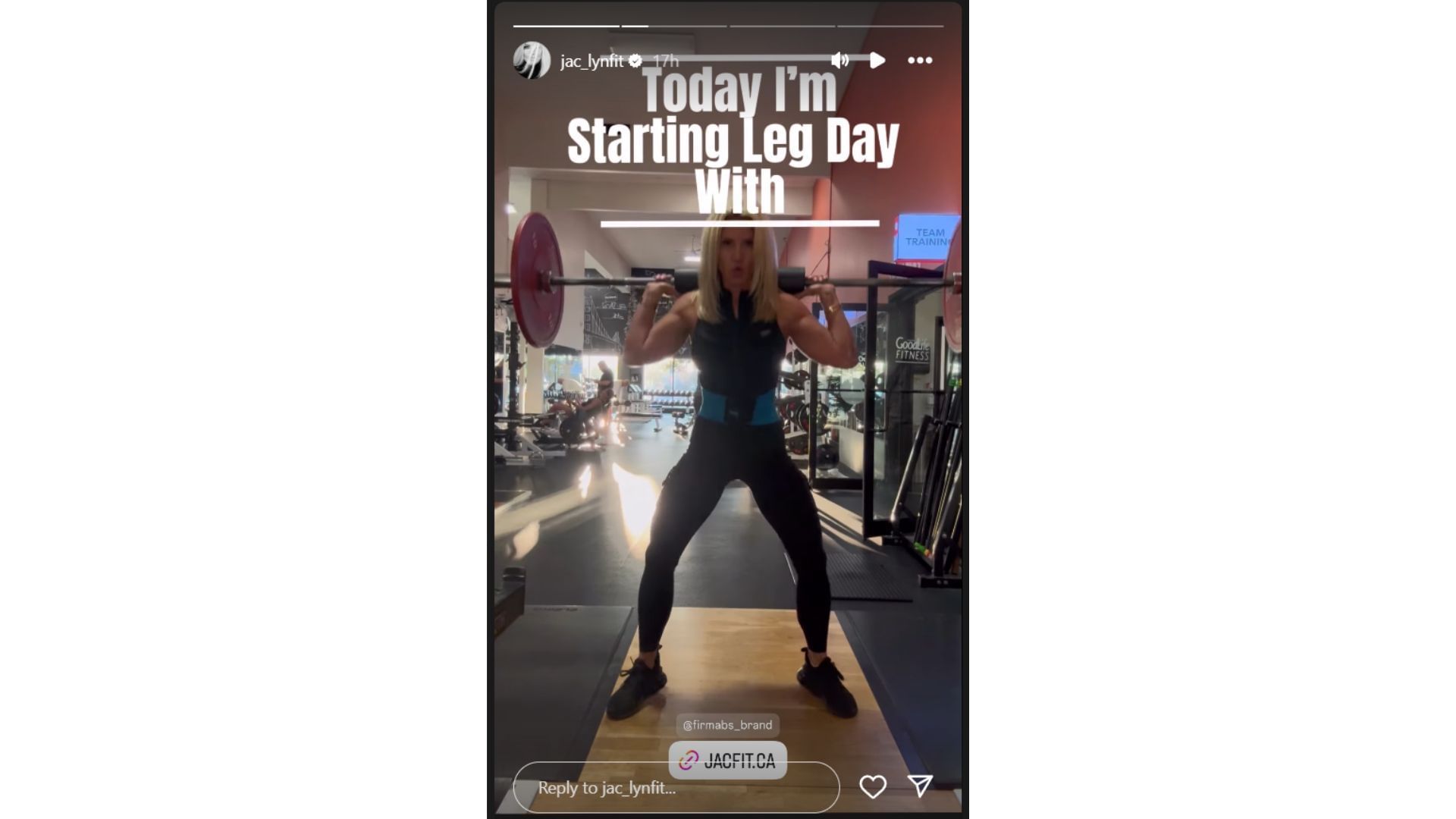 Jaclyn Cordeiro&#039;s Instagram story doing squats and promotion for the gymwear brand, Firmabs (Source: Instagram @jac_lynfit)