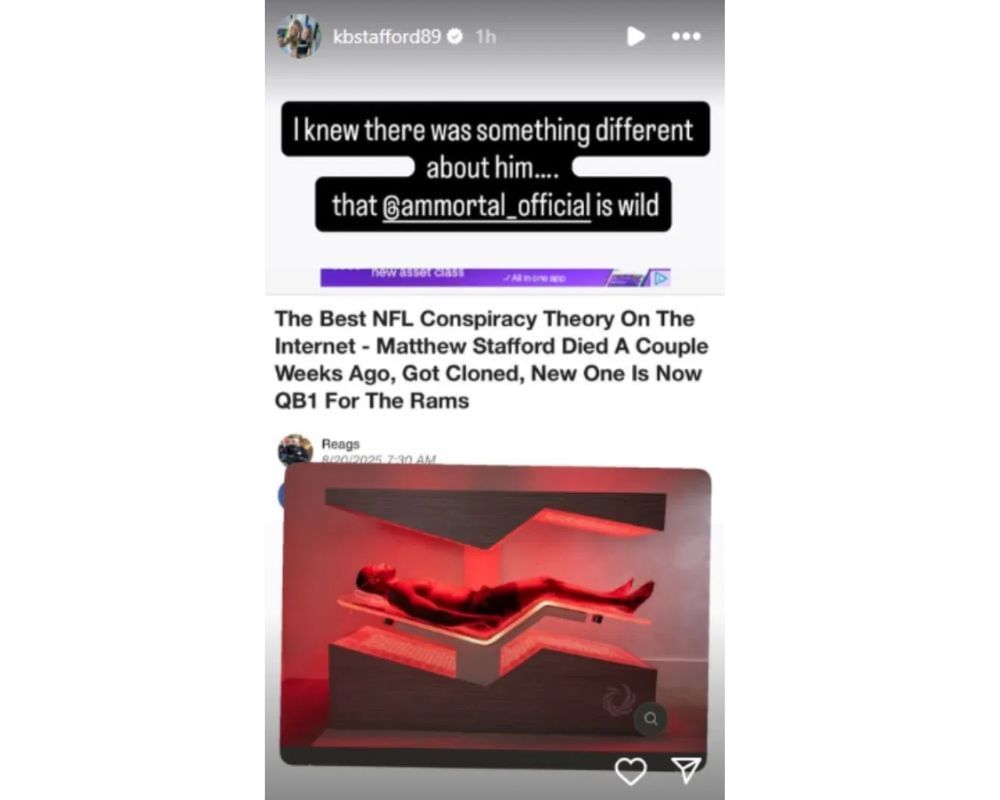 Kelly Stafford shuts down bizarre death and cloning rumors about Matthew Stafford [IG/@kbstafford89]