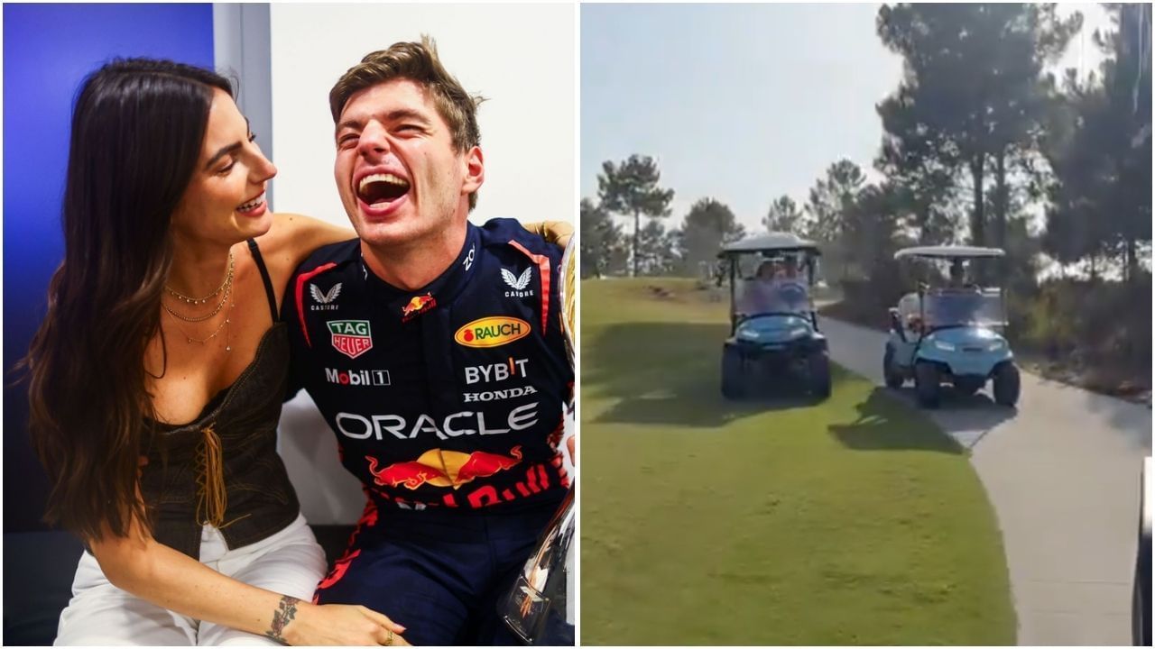 Kelly Piquet and Penelope Kvyat scream as Max Verstappen overtakes another golf cart